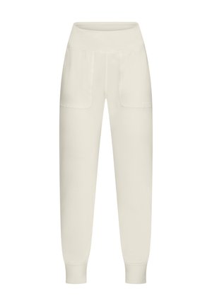Crème-kleurige ontspannen pasvorm broek gemaakt van zachte stof. Heeft een hoge tailleband en twee voorzakken. Boorden bij de enkels.