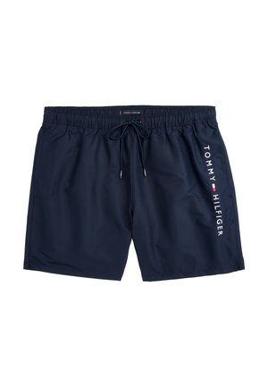 Shorts de bain pour hommes bleu marine avec taille élastique, cordon de serrage, poches latérales et logo vertical Tommy Hilfiger sur la cuisse droite.