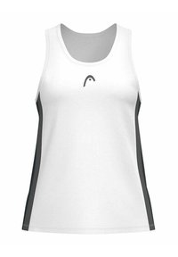 Camiseta deportiva sin mangas blanca con escote redondeado y acentos laterales grises, presentando un logo minimalista en la parte frontal.