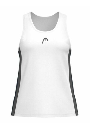 Weißes ärmelloses Sporttanktop mit rundem Ausschnitt und grauen Seitenakzenten, das ein minimales Logo auf der Vorderseite trägt.