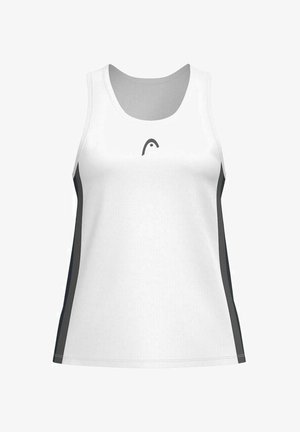 Weißes ärmelloses Sporttanktop mit rundem Ausschnitt und grauen Seitenakzenten, das ein minimales Logo auf der Vorderseite trägt.