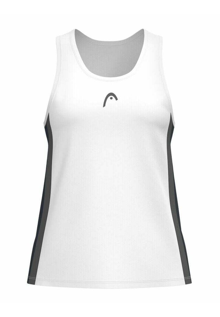 Camiseta deportiva sin mangas blanca con escote redondeado y acentos laterales grises, presentando un logo minimalista en la parte frontal.