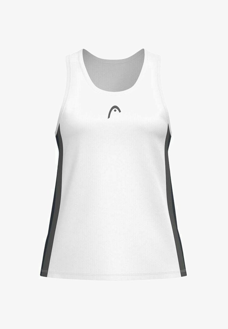 Camiseta deportiva sin mangas blanca con escote redondeado y acentos laterales grises, presentando un logo minimalista en la parte frontal.