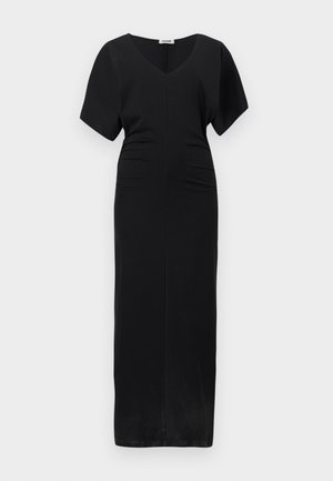 Abito midi nero con scollo a V, maniche corte e vita aderente. Realizzato in un materiale liscio, con un design semplice e lineare.