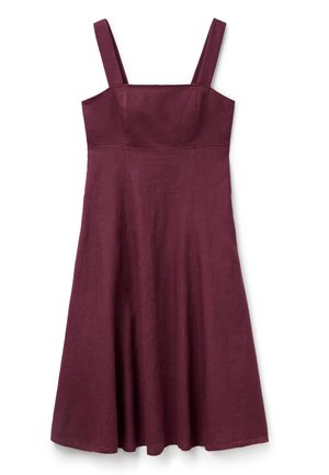 Abito senza maniche di color bordeaux con corpetto aderente e gonna svasata; realizzato in tessuto testurizzato, presenta spalline dritte e orlo pulito.