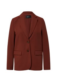 Roodbruin op maat gemaakte blazer met twee knopen, notch revers, lange mouwen en klepzakken, ontworpen voor een slanke pasvorm.