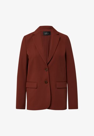 Rust brown tailored blazer with two buttons, notch lapels, long sleeves, and flap pockets, designed for a slim fit.