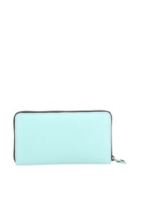 Portafoglio in pelle sintetica di colore azzurro chiaro con superficie liscia, chiusura con zip e cuciture di bordo scure in contrasto. Design rettangolare semplice, senza motivi.