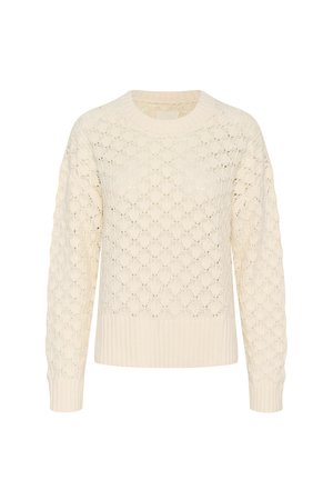 Kremowy sweter dzianinowy z wzorem w diamenty, ściągaczami przy mankietach i u dołu, oraz klasycznym dekoltem okrągłym. Teksturowany i lekki.