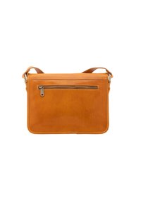 Borsa a tracolla in pelle marrone chiaro con tasca frontale con zip, texture liscia, forma rettangolare e tracolla regolabile. Presenti dettagli di cucitura.