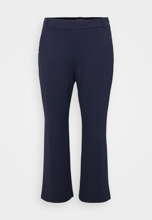 Mornarsko plave lepršave hlače izrađene od glatkog, rastezljivog materijala. Imaju uski struk s elastičnom trakom i uredan rub na dnu.