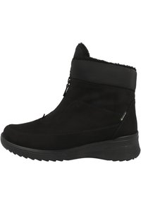 Botín negro de ante, con una superficie texturizada, cierre de cremallera y un cuello acolchado para mayor comodidad. Suela de goma para mayor tracción.