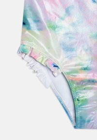 Tissu de maillot de bain multicolore présentant des teintes pastel de rose, vert et bleu avec une finition brillante. Accent froncé au niveau de la cuisse.