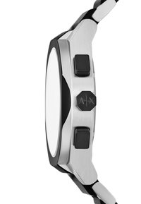 Czarny i srebrny prostokątny zegarek z gładką białą tarczą, metalową obudową i dwoma czarnymi przyciskami po bokach; teksturowana bransoleta jako akcent.