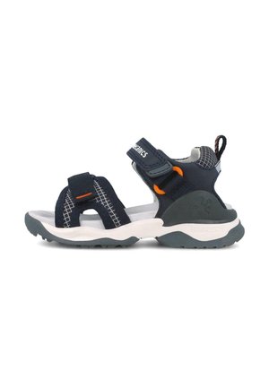 Sandalias marinas con parte superior de tela transpirable, correas ajustables, entresuela blanca y suela de goma texturizada con patrones de agarre.