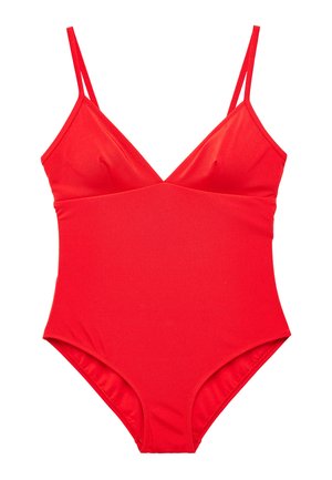 Costume intero rosso con sottili doppi spallini e scollatura a V, realizzato in tessuto liscio con silhouette aderente.