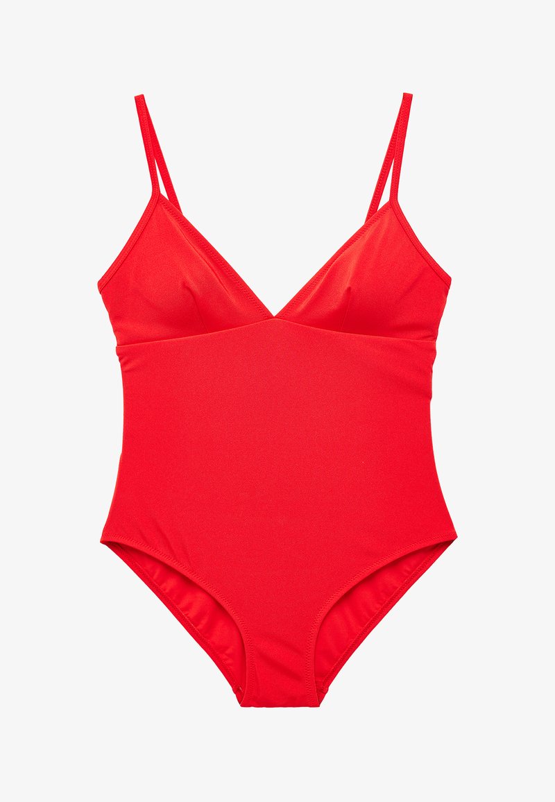 Maillot de bain une pièce rouge avec fines bretelles doubles et décolleté en V, en tissu lisse avec une silhouette cintrée.