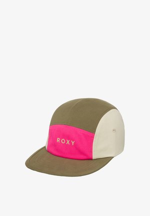 Casquette avec une palette de couleurs kaki, rose et crème. Conçue avec une visière plate et le logo "ROXY" en or sur le panneau avant. Tissu texturé.
