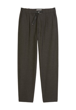 Dunkelgraue Hose aus einem strukturierten Stoff. Merkmale sind ein Vorderbund mit einem Kunststoffverschluss, zwei Seitentaschen und schmal zulaufende Beine.