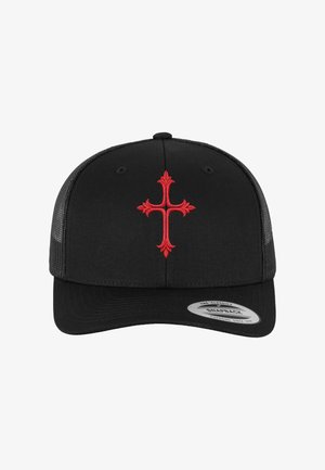 Black snapback cap with mesh sides featuring a red embroidered ornate cross on the front panel and a silver label on the brim.