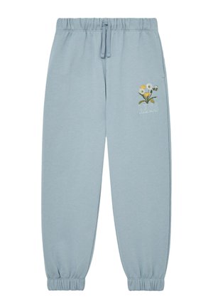 Lyseblå joggingbukser med elastisk talje og manchetter, med blomster- og bi-broderi med ordet "REISS" på den øverste venstre ben.