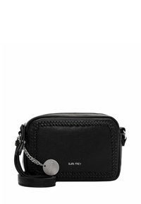 Borsa a tracolla rettangolare nera con dettagli in filo intrecciato, etichetta del marchio in argento e tracolla regolabile.
