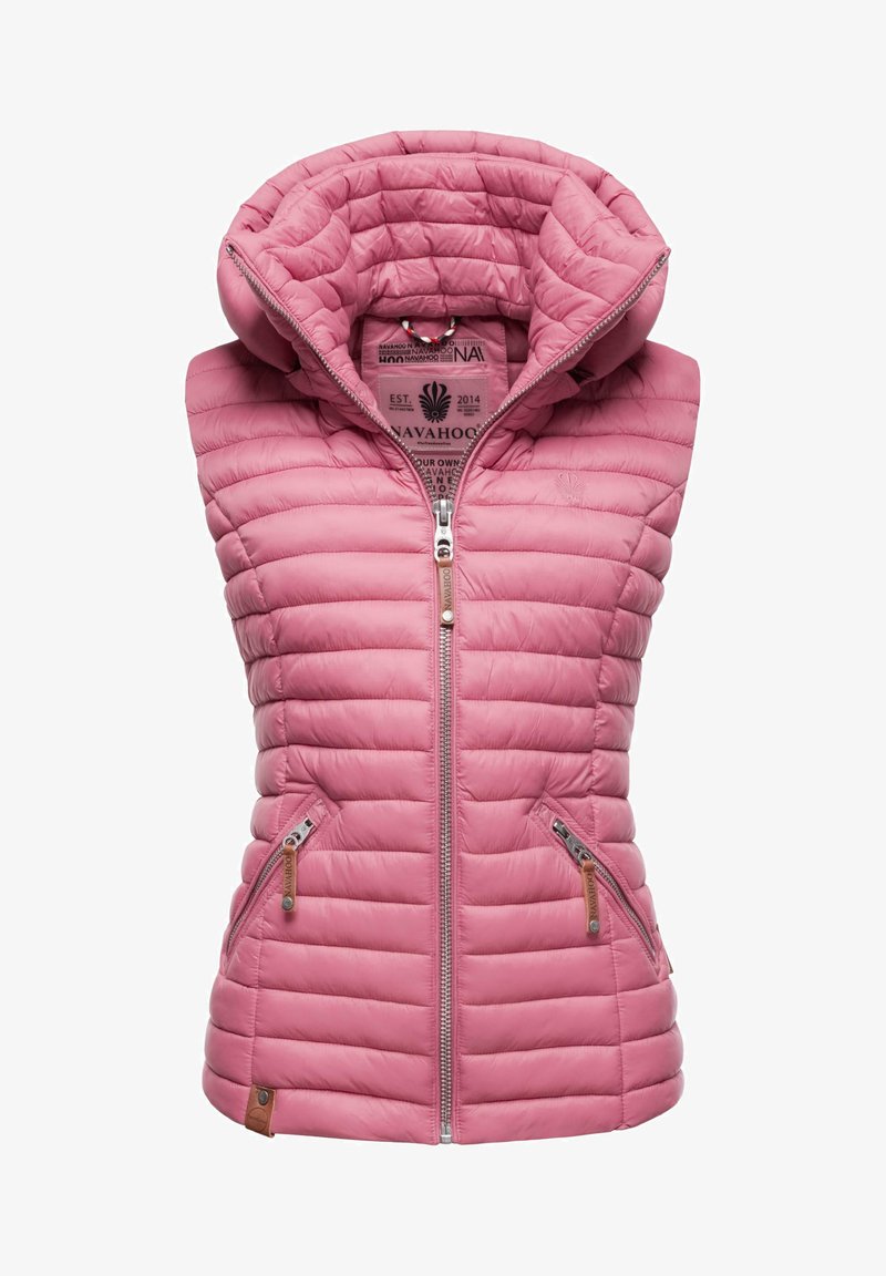 Rosa puffer vest med hette, med quiltet tekstur, frontlås og to glidelåslommer. Utsmykket med en lærlogo-patch.