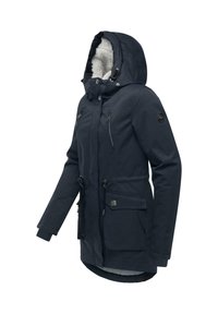 Navy blue parka jacket with a fur-lined hood, zip and snap closures, adjustable drawstrings, and two front pockets. Smooth texture.