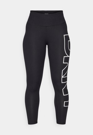 Colanți negri din material elastic, cu talie înaltă. Prezintă un logo alb mare imprimat vertical pe piciorul stâng. Textură netedă.