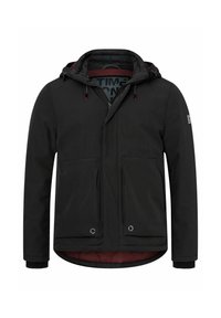 Schwarze wasserdichte Jacke mit Kapuze, gefüttert, zwei Fronttaschen, elastischen Bündchen und roten Akzent-Kordeln. Einfaches und funktionales Design.