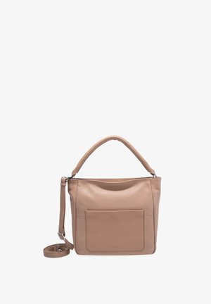 Beżowa skórzana torebka o miękkiej fakturze, z jedną górną rączką, regulowanym paskiem i przednią kieszenią. Prosty design bez widocznych elementów metalowych.