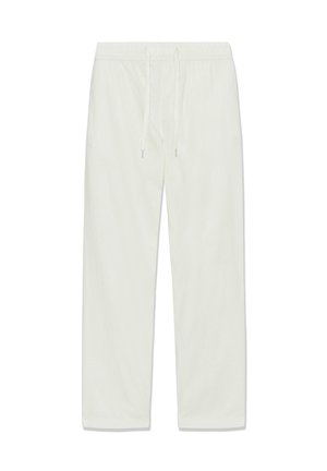 Białe, casualowe spodnie z elastycznym paskiem w talii i sznurkiem do ściągania, o prostym kroju nogawek i gładkiej, jednolitej teksturze.