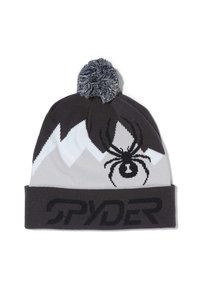 Berretto in maglia grigio, nero e bianco. Presenta un logo a forma di ragno e un motivo montano, sormontato da un pom-pom peloso. Design con risvolto e logo.