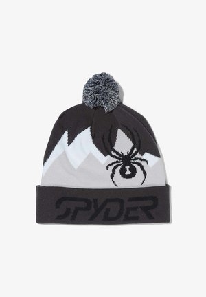 Bonnet tricoté en gris, noir et blanc. Présente un logo d'araignée et un motif de montagne, surmonté d'un pompon en fourrure. Design à revers avec logo.