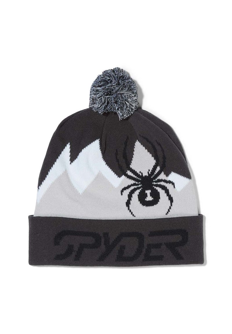 Berretto in maglia grigio, nero e bianco. Presenta un logo a forma di ragno e un motivo montano, sormontato da un pom-pom peloso. Design con risvolto e logo.