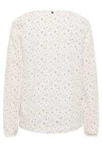 Chemise blanche à manches longues avec poignets élastiques et un motif géométrique tribal léger marron symétrique à travers le tissu.
