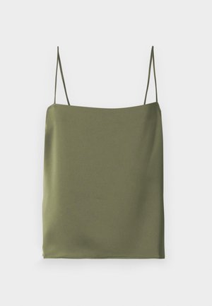 Olivgrünes Trägershirt aus glattem Stoff. Verfügt über dünne Träger und einen gerade geschnittenen Ausschnitt, mit einem schlichten, minimalistischen Design.