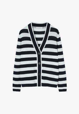 Gestreepte cardigan in zwart en wit, met een v-hals, lange mouwen en vijf zwarte knopen aan de voorkant, met een zachte textuur.
