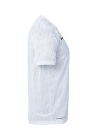 Witte T-shirt met korte mouwen, voorzien van een gestructureerd patroon en een zwart logo op de voorkant, ontworpen voor lichte comfort en ademend vermogen.