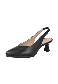 Zapato de tacón slingback negro de cuero con punta afilada, tacón bajo y laterales con corte. Textura suave e interior neutro.