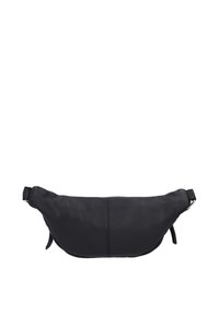 Marsupio in pelle nera con una forma curve, cuciture sottili, tracolla regolabile e chiusura con zip per una conservazione sicura.