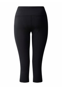 Schwarze Dreiviertel-Leggings aus glattem Stoff mit hohem Bund, flachen Nähten und einer Seitentasche für Stauraum.