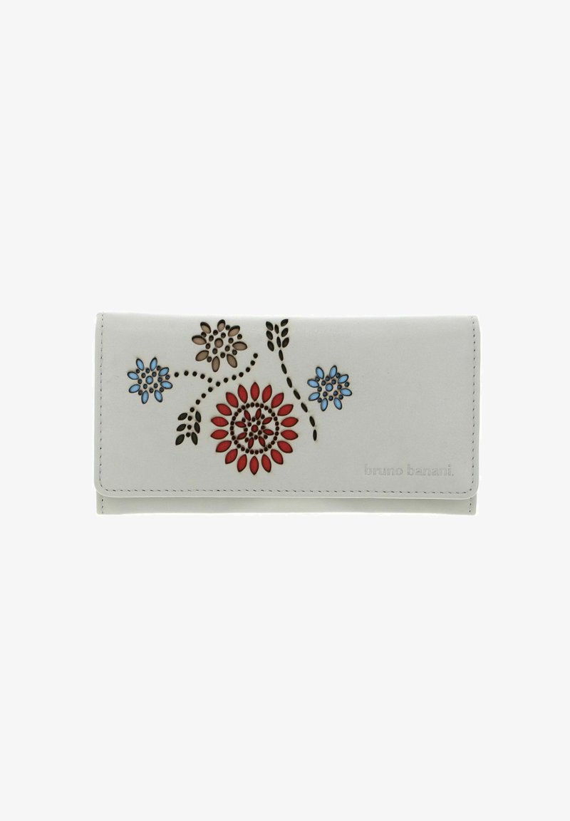 Portefeuille en cuir blanc avec un embossage floral en rouge, bleu et marron. Il se ferme avec un rabat et comporte une marque embossée en bas à droite.