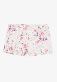 Șorturi din bumbac cu motive florale, pe un fundal alb, având modele de trandafiri roz și mov, cu un elastic în talie și un design lejer.