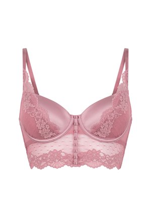 Roze kanten beugelbh met verstelbare bandjes, voorste knoopsluiting en bloemrijke gaasdetails langs de cups en het bandje.