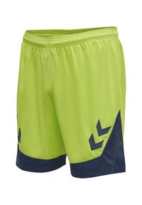 Lysegrønne sportsshorts med mørkeblå geometriske accenter på de nederste sider og elastisk taljebånd.