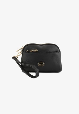 Black leather zippered pouch with a textured finish, gold hardware, wrist strap, and an oval logo accent on the front.