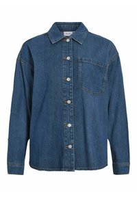 Camicia in denim blu scuro con chiusura a bottoni, colletto classico, taschino sul petto e maniche lunghe con polsini abbottonati.