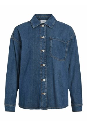 Donkerblauw denim shirt met een knopen-sluiting aan de voorkant, klassieke kraag, één borstzak en lange mouwen met knoopmanchetten.