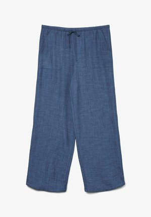 Blue linen wide-leg pants with an elastic waistband and drawstring, featuring two front pockets and a textured fabric finish.